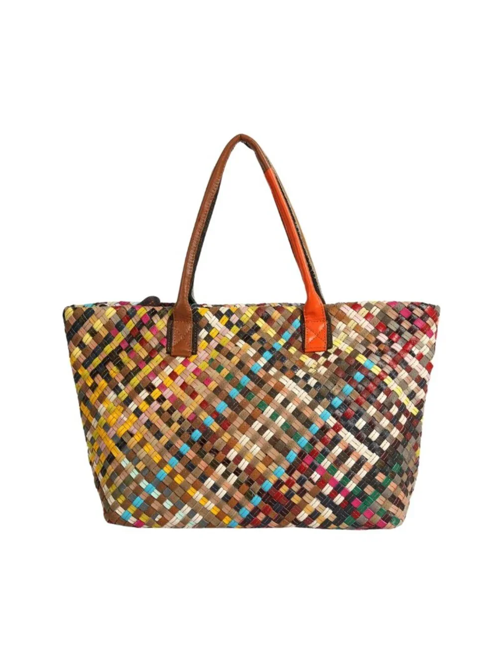 NWT Genuine Leather Woven Multicolor Large Tote Handbag  Description